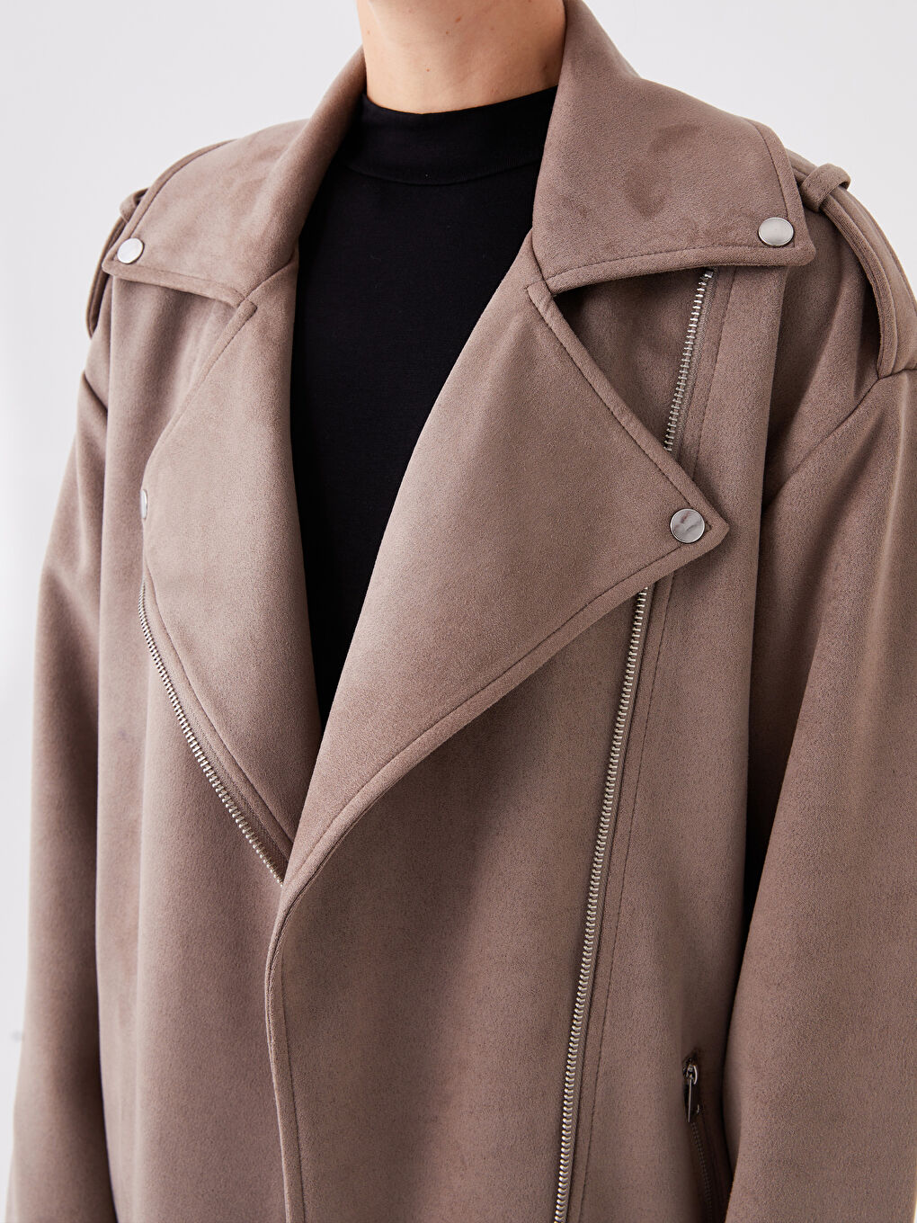 LCWAIKIKI Classic Biker Neck Women's Faux Suede Coat -W31204Z8-GNH