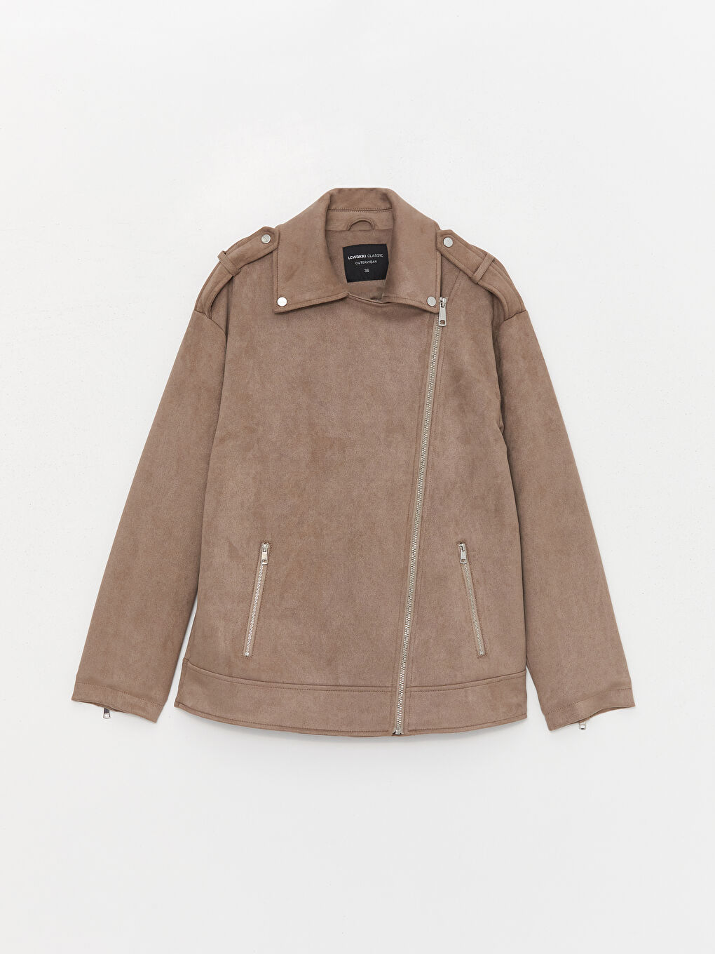 LCWAIKIKI Classic Biker Neck Women's Faux Suede Coat -W31204Z8-GNH