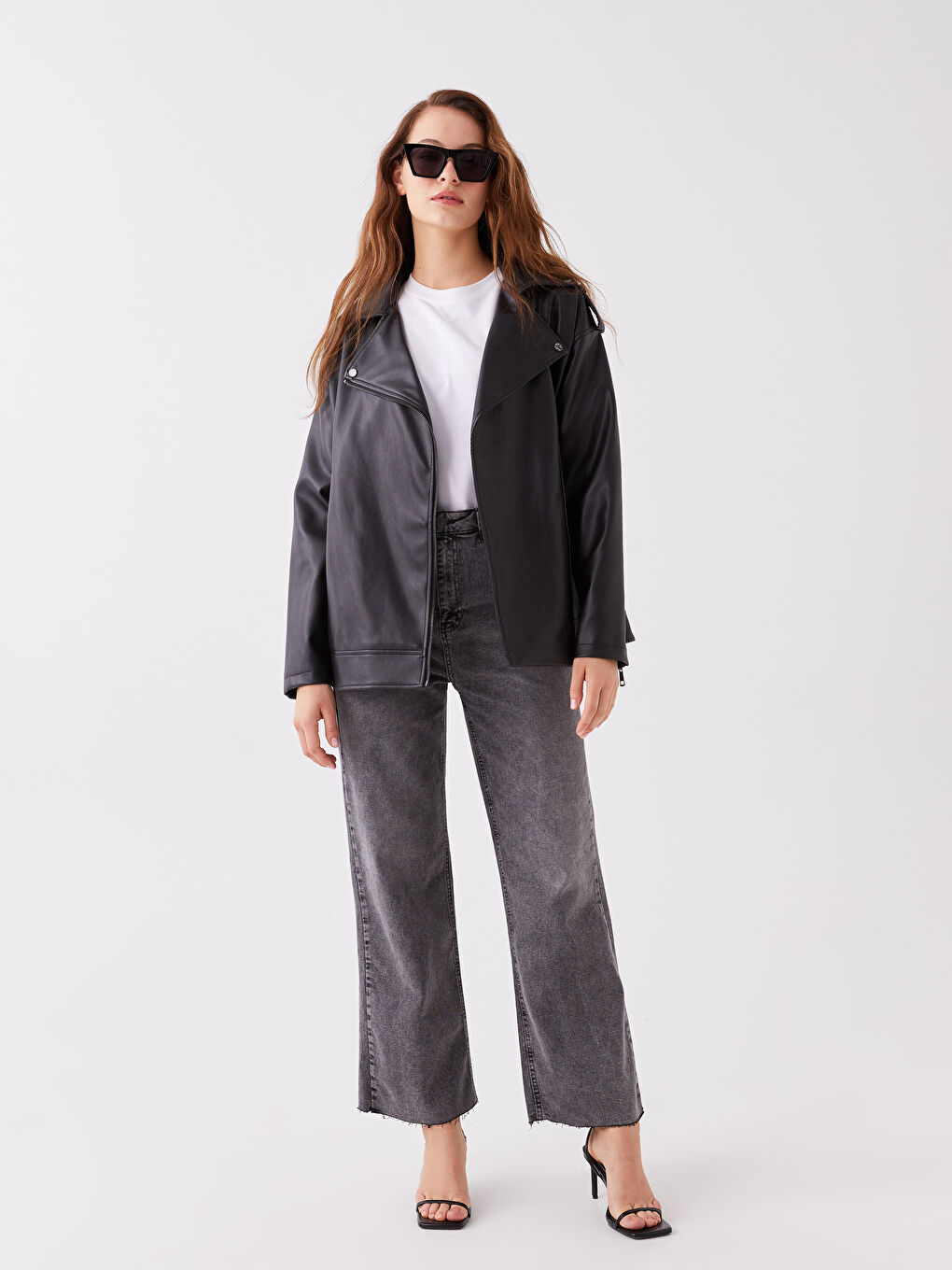 Women's Biker Neck Plain Faux Leather Jacket