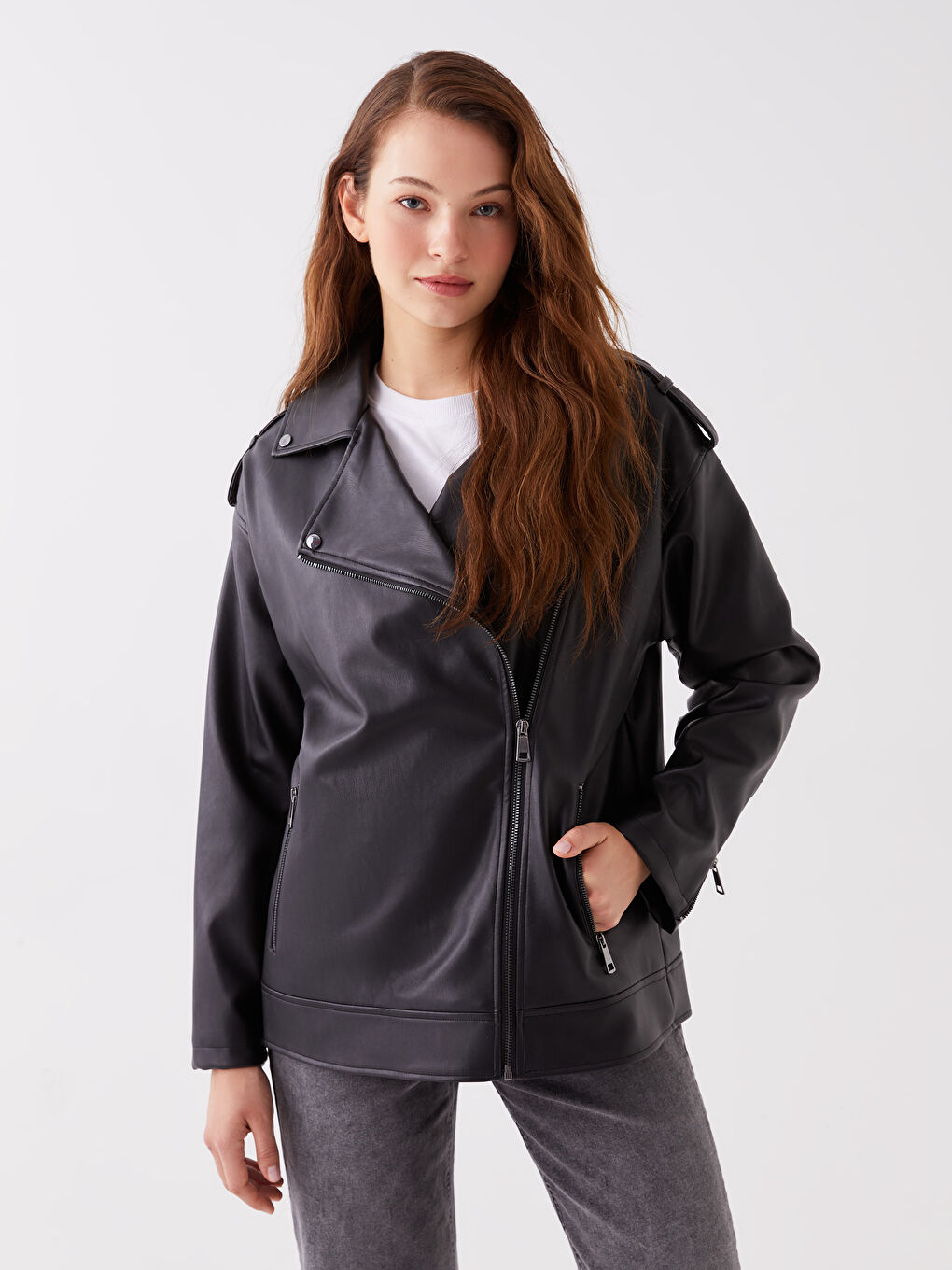 Women's Biker Neck Plain Faux Leather Jacket-1