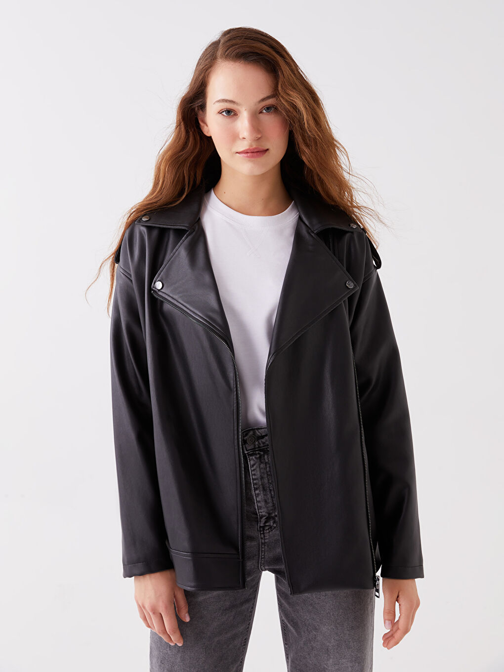 Women's Biker Neck Plain Faux Leather Jacket-2