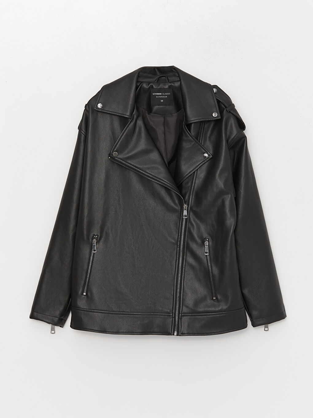Women's Biker Neck Plain Faux Leather Jacket-6