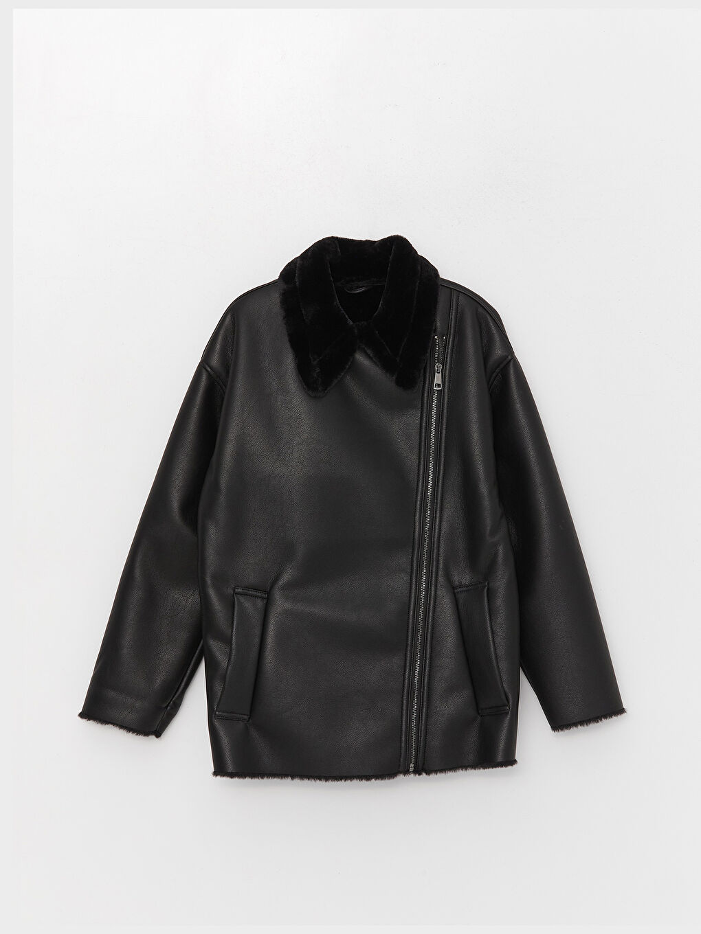 Siyah Ceket Yaka Kadın Deri Görünümlü Mont-7