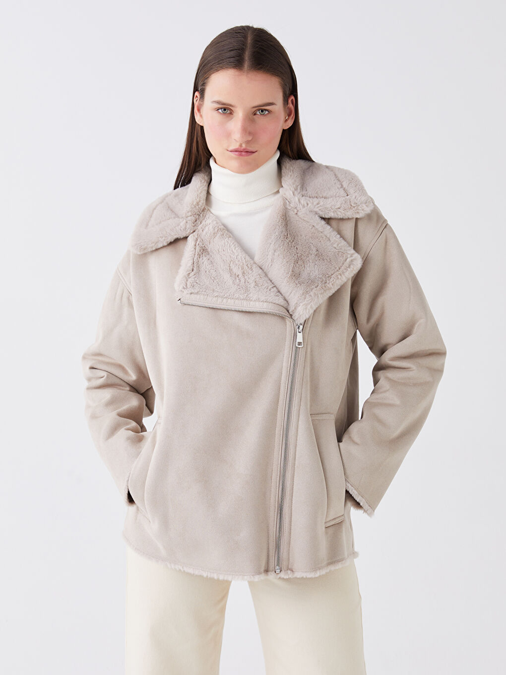 Gri Biker Yaka Düz Uzun Kollu Kadın Süet Mont-1