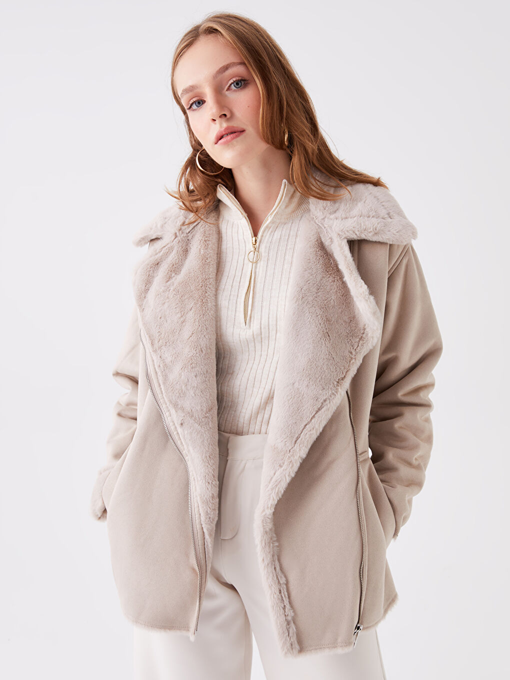 Gri Biker Yaka Düz Uzun Kollu Kadın Süet Mont