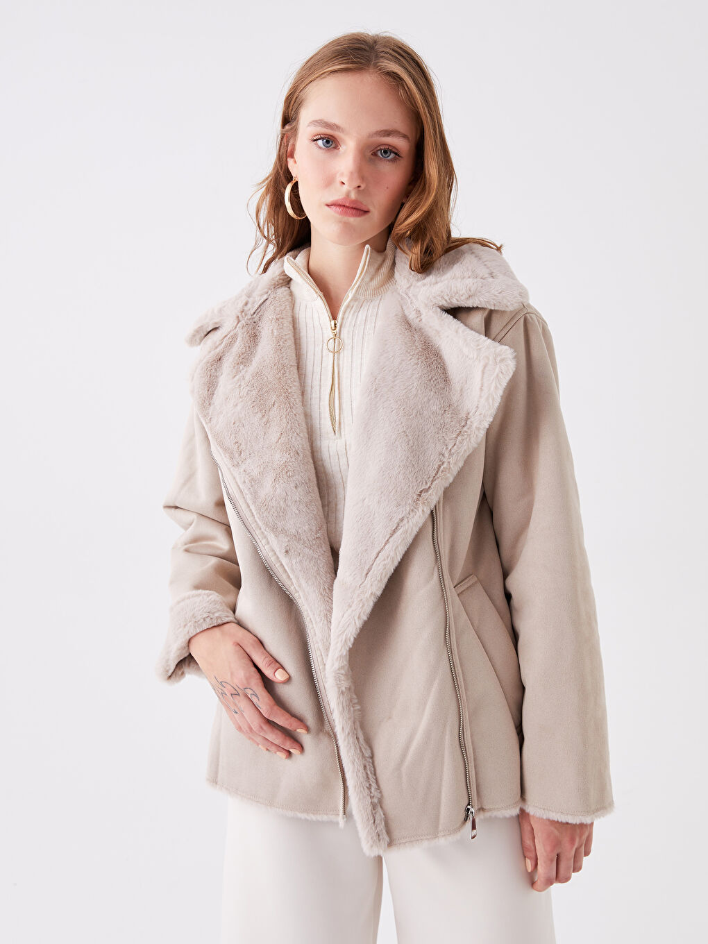 Gri Biker Yaka Düz Uzun Kollu Kadın Süet Mont-2