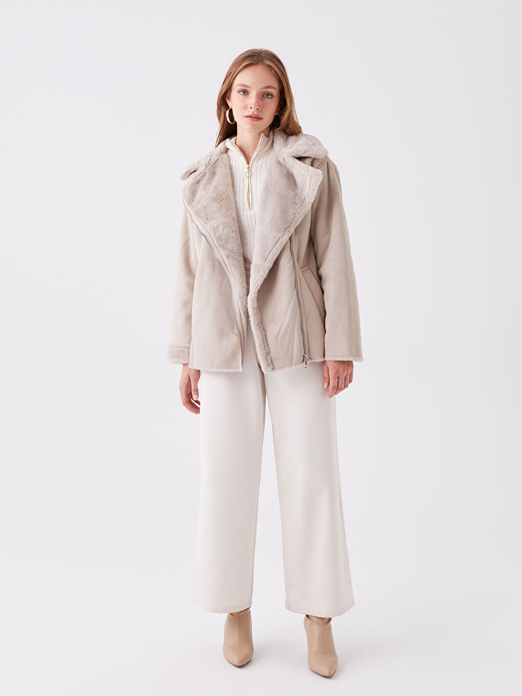 Gri Biker Yaka Düz Uzun Kollu Kadın Süet Mont-3