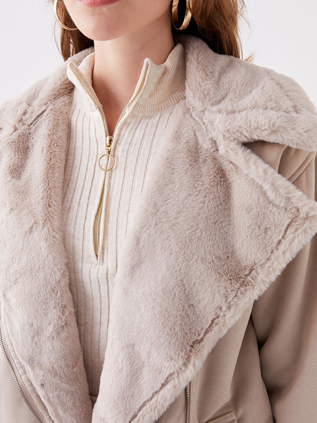 Gri Biker Yaka Düz Uzun Kollu Kadın Süet Mont-4