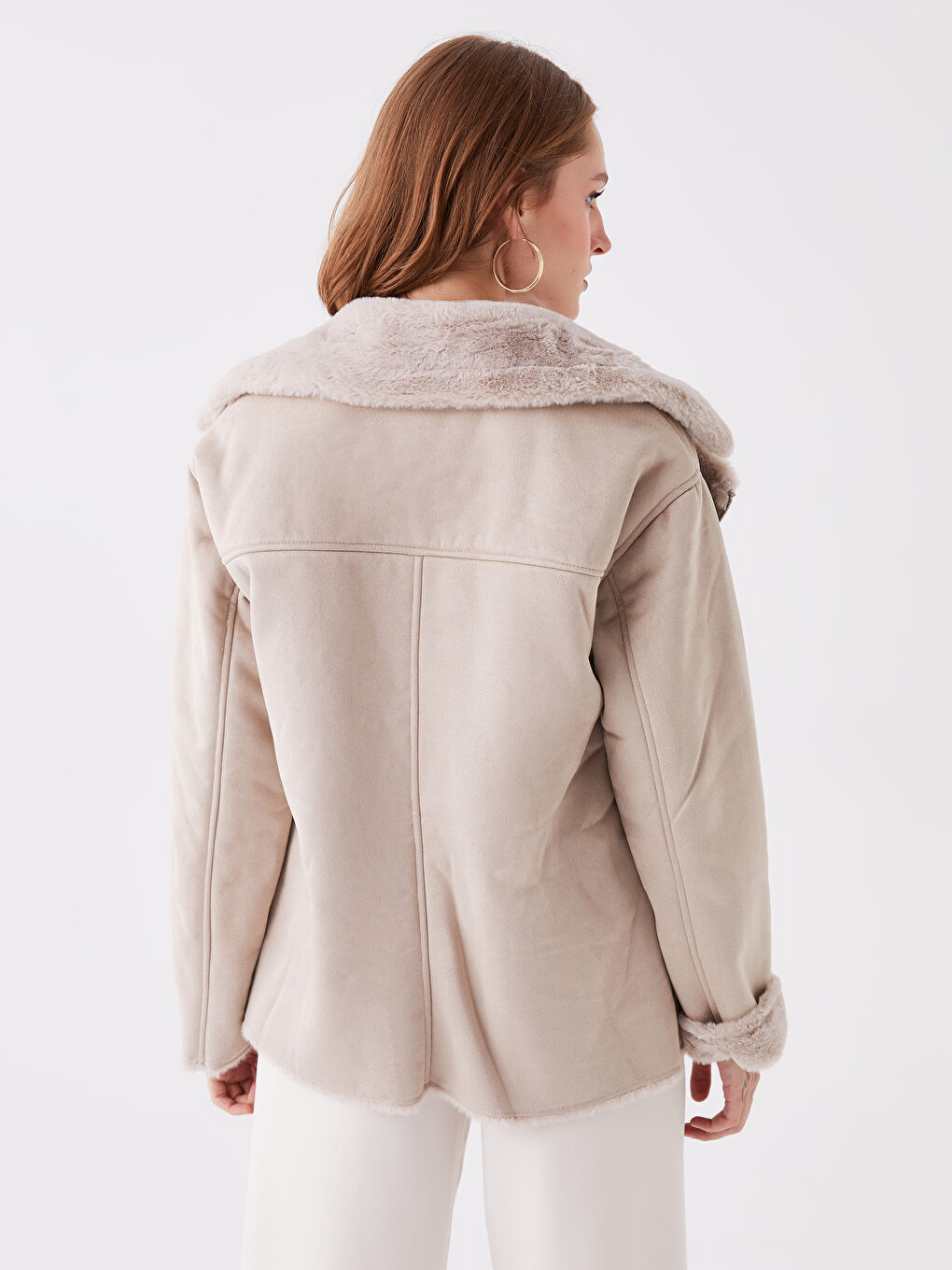 Gri Biker Yaka Düz Uzun Kollu Kadın Süet Mont-6