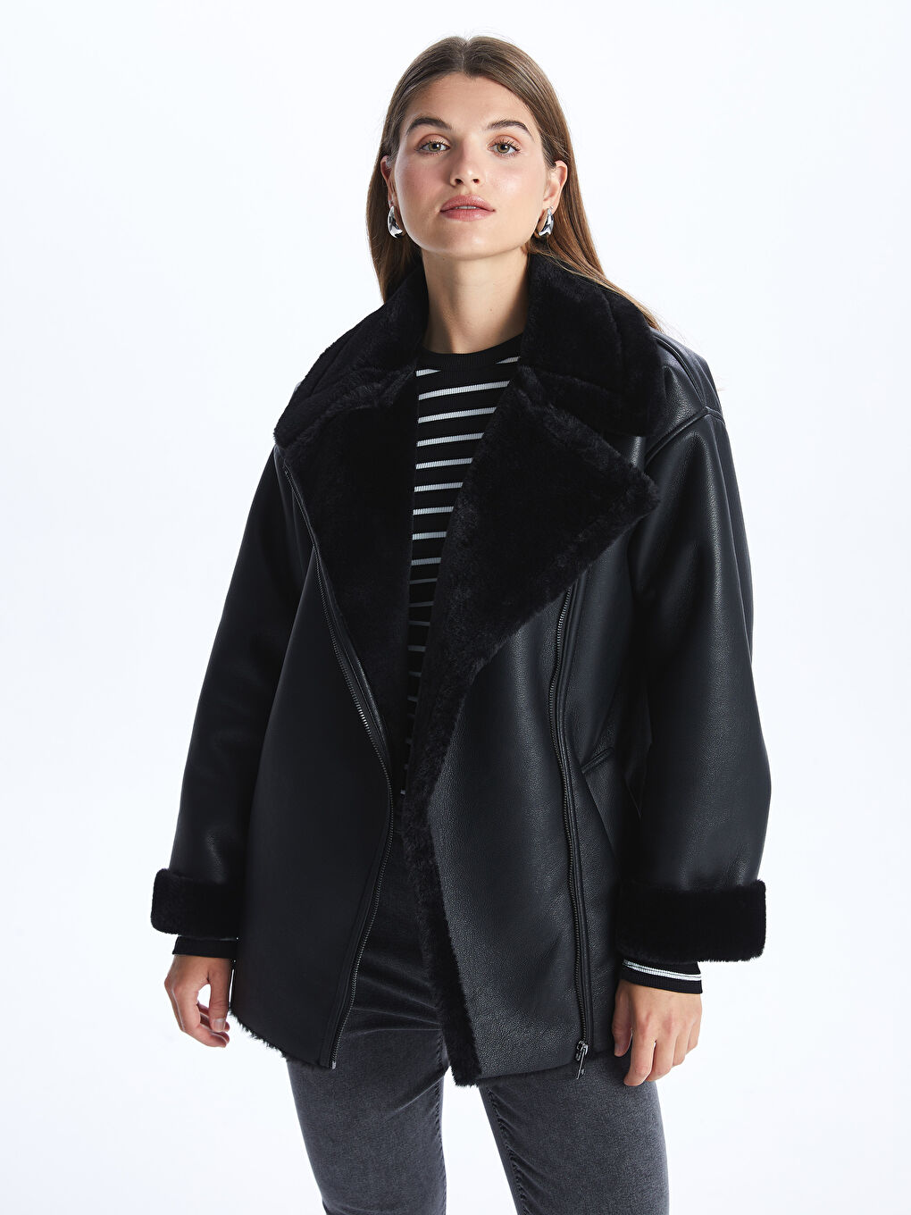 LCWAIKIKI Classic Women's Biker Neck Plain Faux Leather Jacket -W31210Z8-CVL