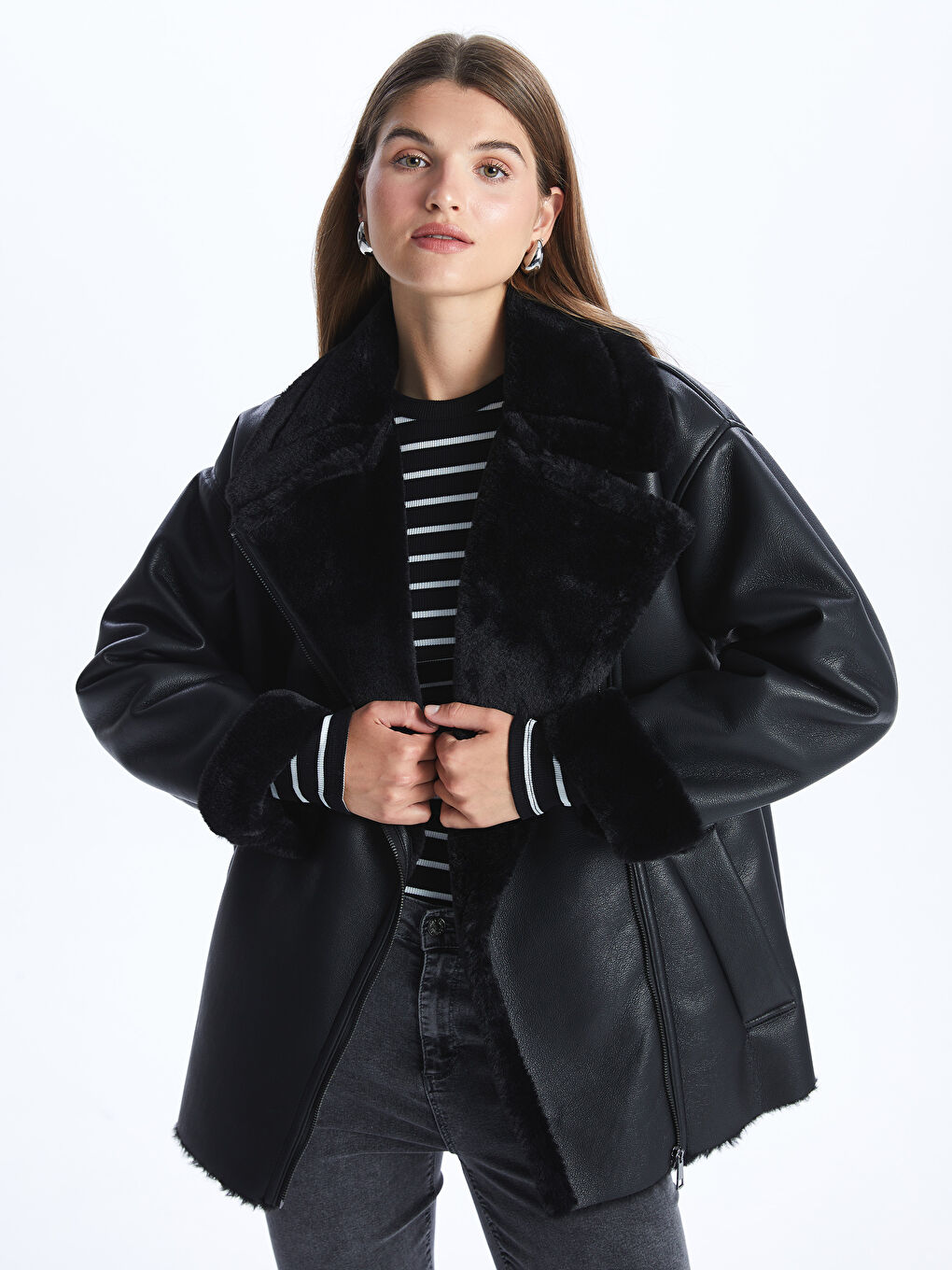LCWAIKIKI Classic Women's Biker Neck Plain Faux Leather Jacket -W31210Z8-CVL