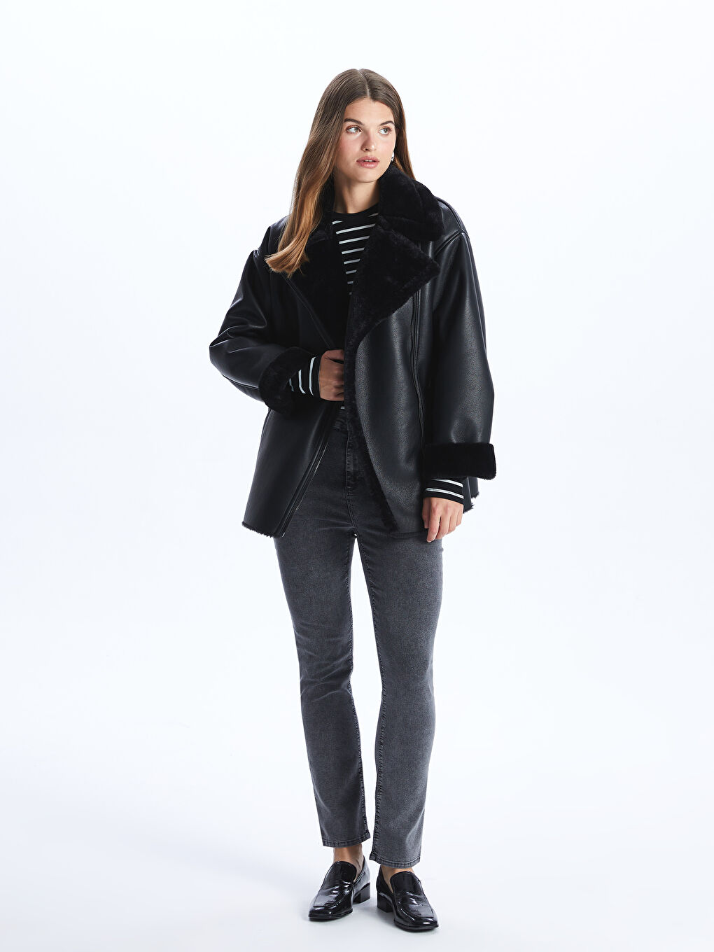 LCWAIKIKI Classic Women's Biker Neck Plain Faux Leather Jacket -W31210Z8-CVL