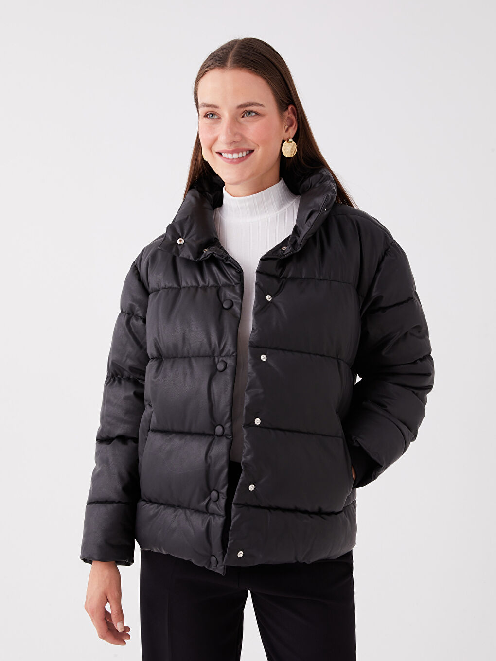 Funnel Neck Plain Faux Leather Women's Puffer Coat-1