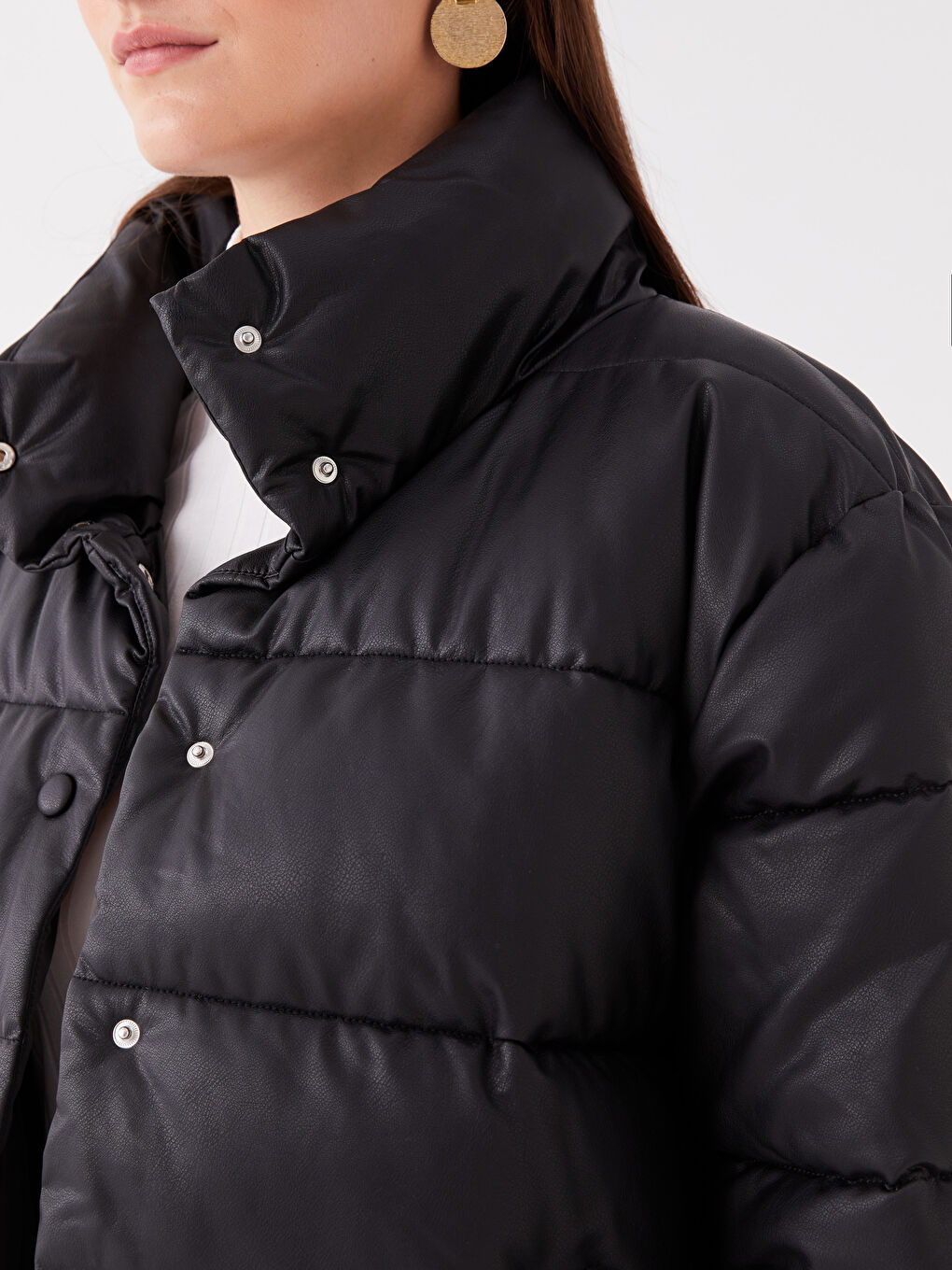 Funnel Neck Plain Faux Leather Women's Puffer Coat-3