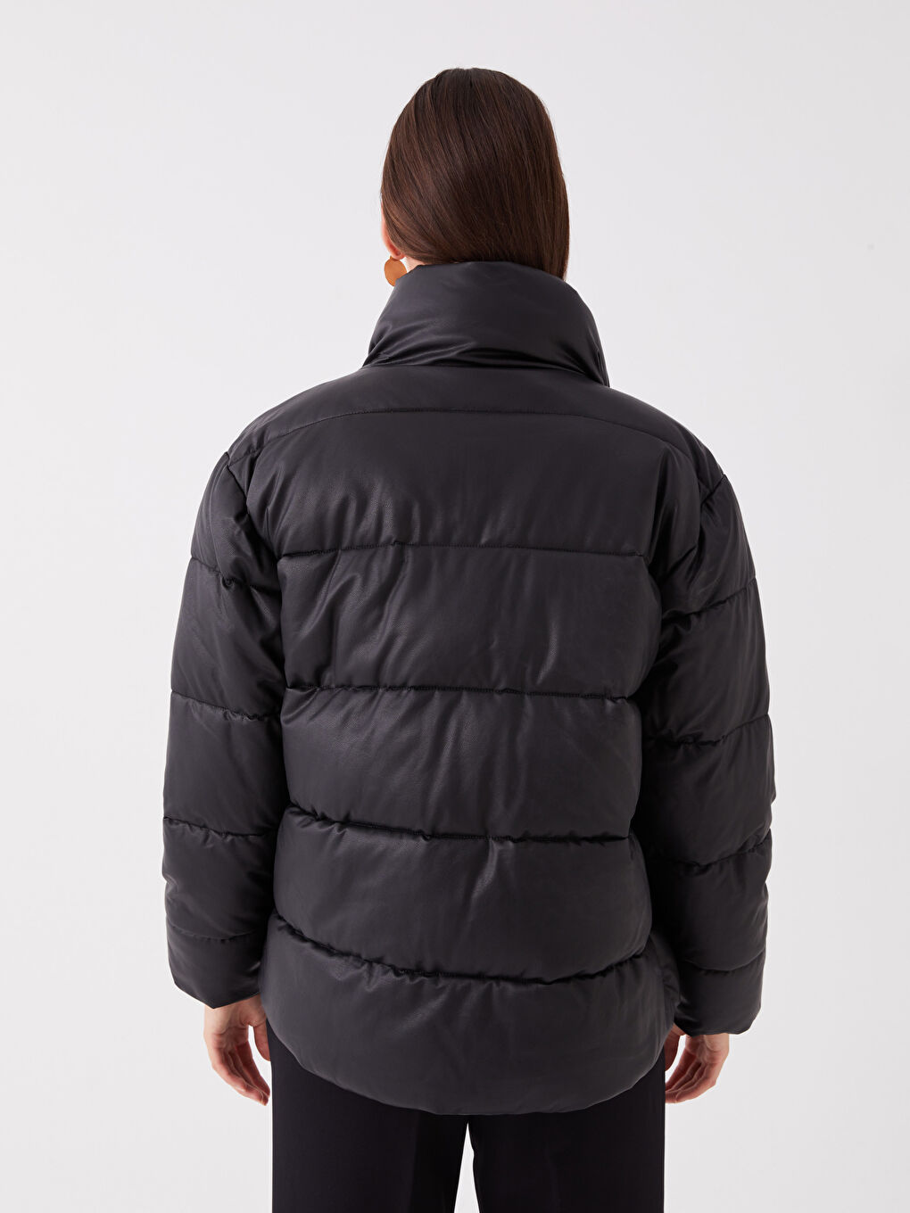 Funnel Neck Plain Faux Leather Women's Puffer Coat-5