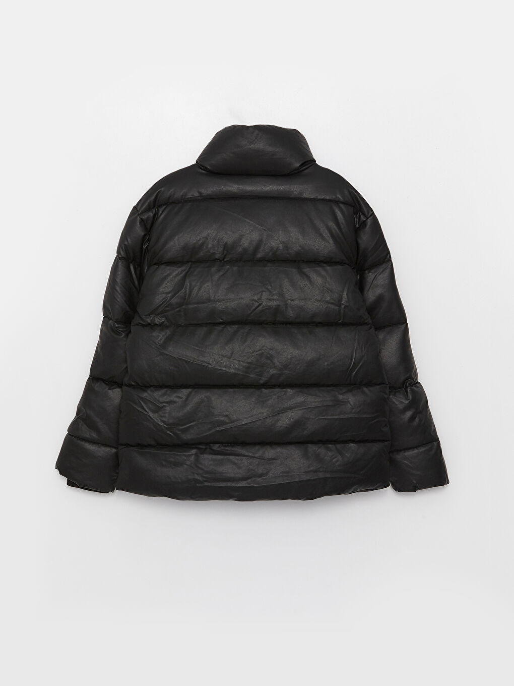 Funnel Neck Plain Faux Leather Women's Puffer Coat-7