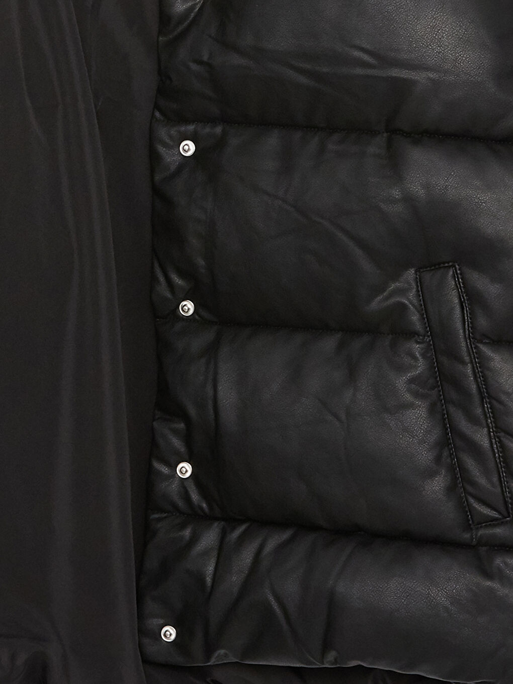 Funnel Neck Plain Faux Leather Women's Puffer Coat-8