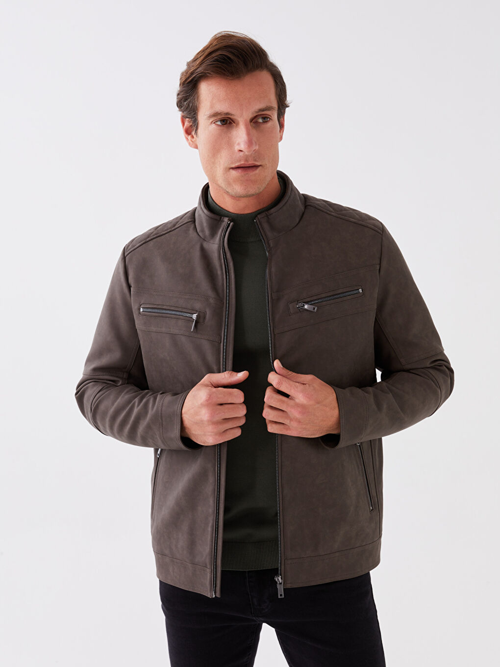 Bej Standart Kalıp Dik Yaka Erkek Deri Görünümlü Mont