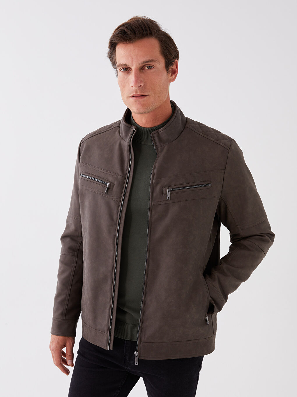 Bej Standart Kalıp Dik Yaka Erkek Deri Görünümlü Mont-1