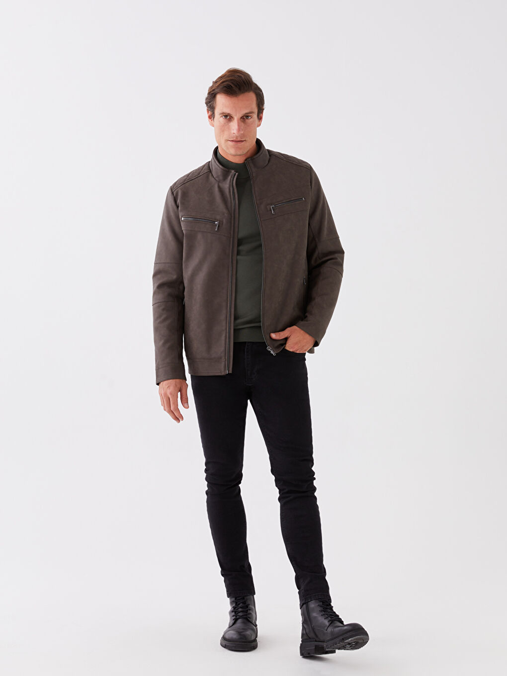 Bej Standart Kalıp Dik Yaka Erkek Deri Görünümlü Mont-2