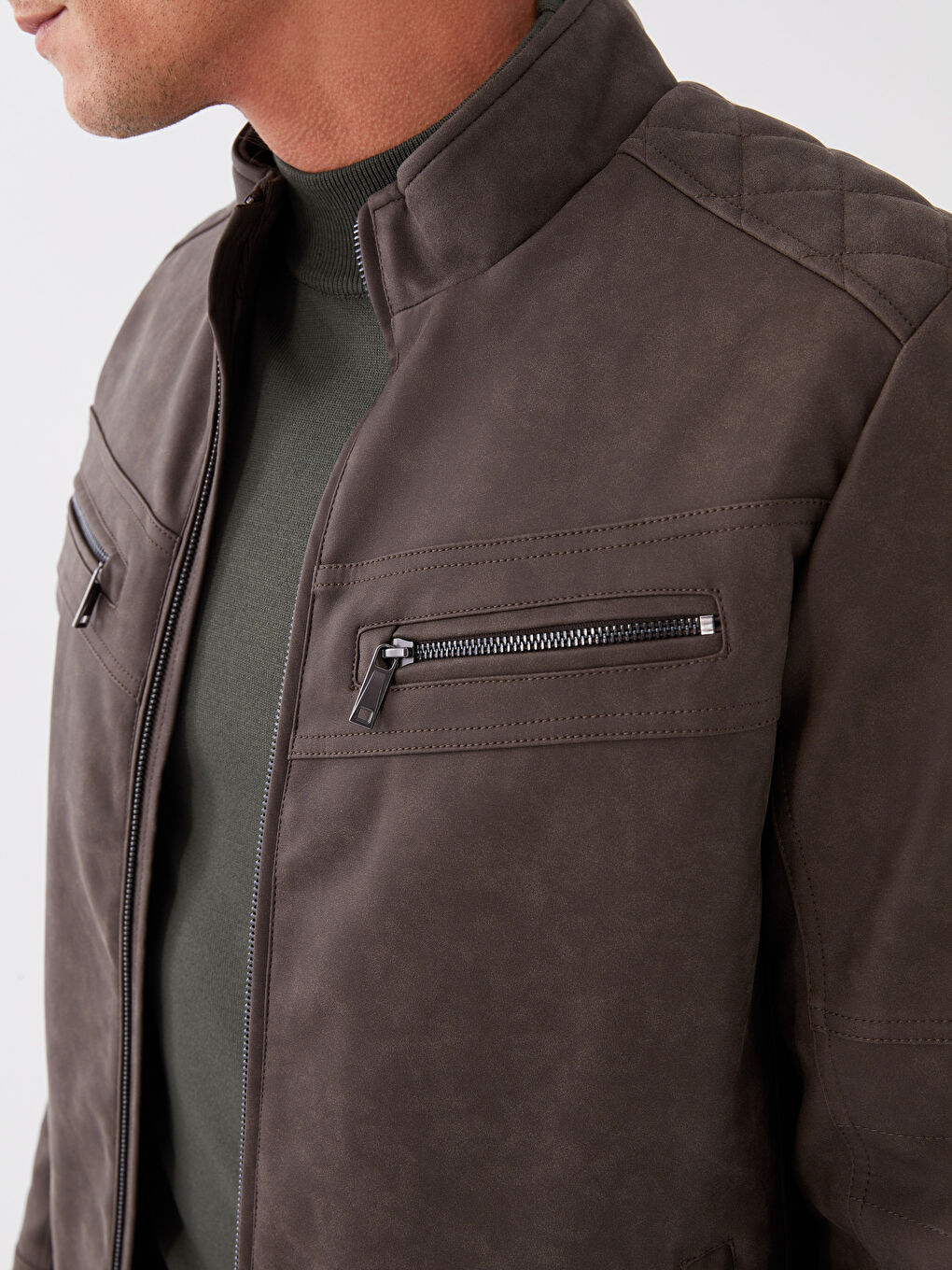 Bej Standart Kalıp Dik Yaka Erkek Deri Görünümlü Mont-3