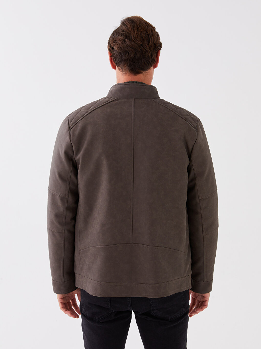 Bej Standart Kalıp Dik Yaka Erkek Deri Görünümlü Mont-5