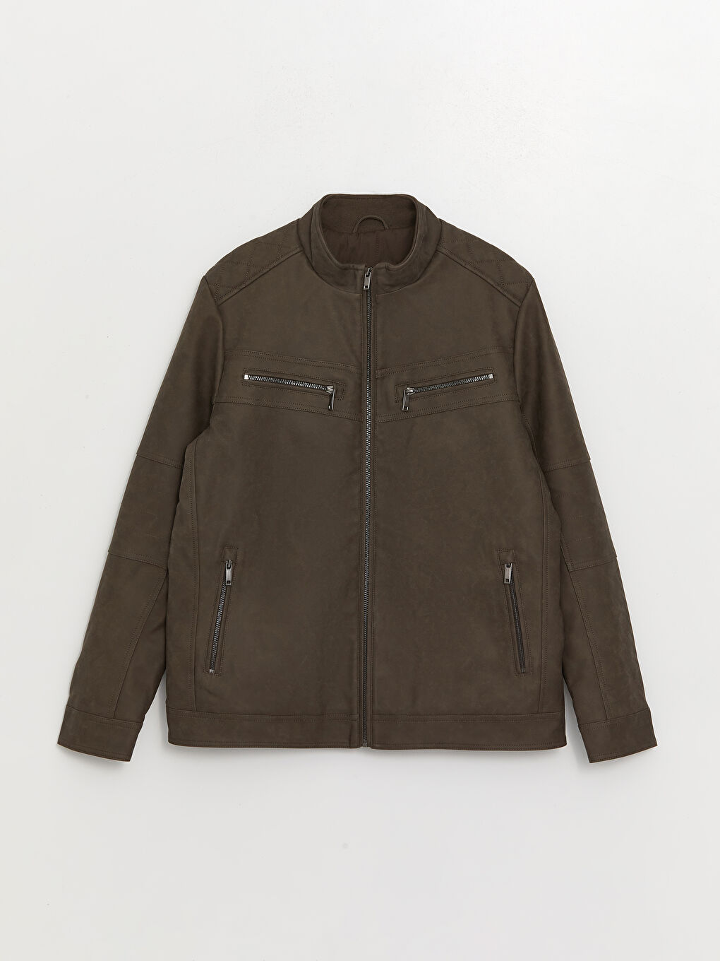 Bej Standart Kalıp Dik Yaka Erkek Deri Görünümlü Mont-6