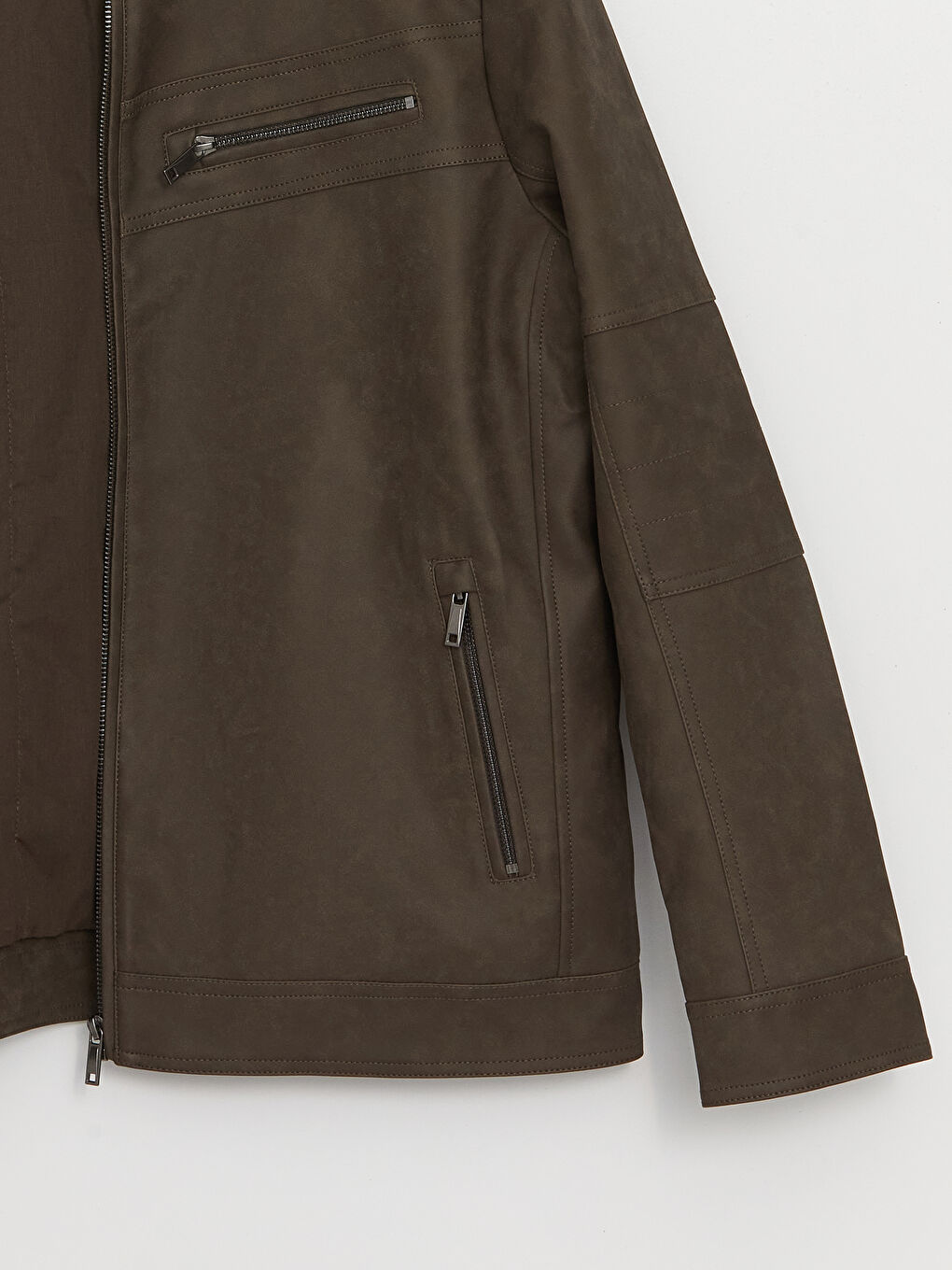 Bej Standart Kalıp Dik Yaka Erkek Deri Görünümlü Mont-8