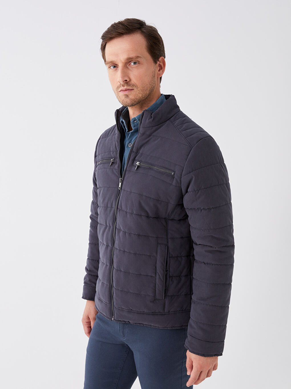 Antrasit Standart Kalıp Dik Yaka Erkek Şişme Mont