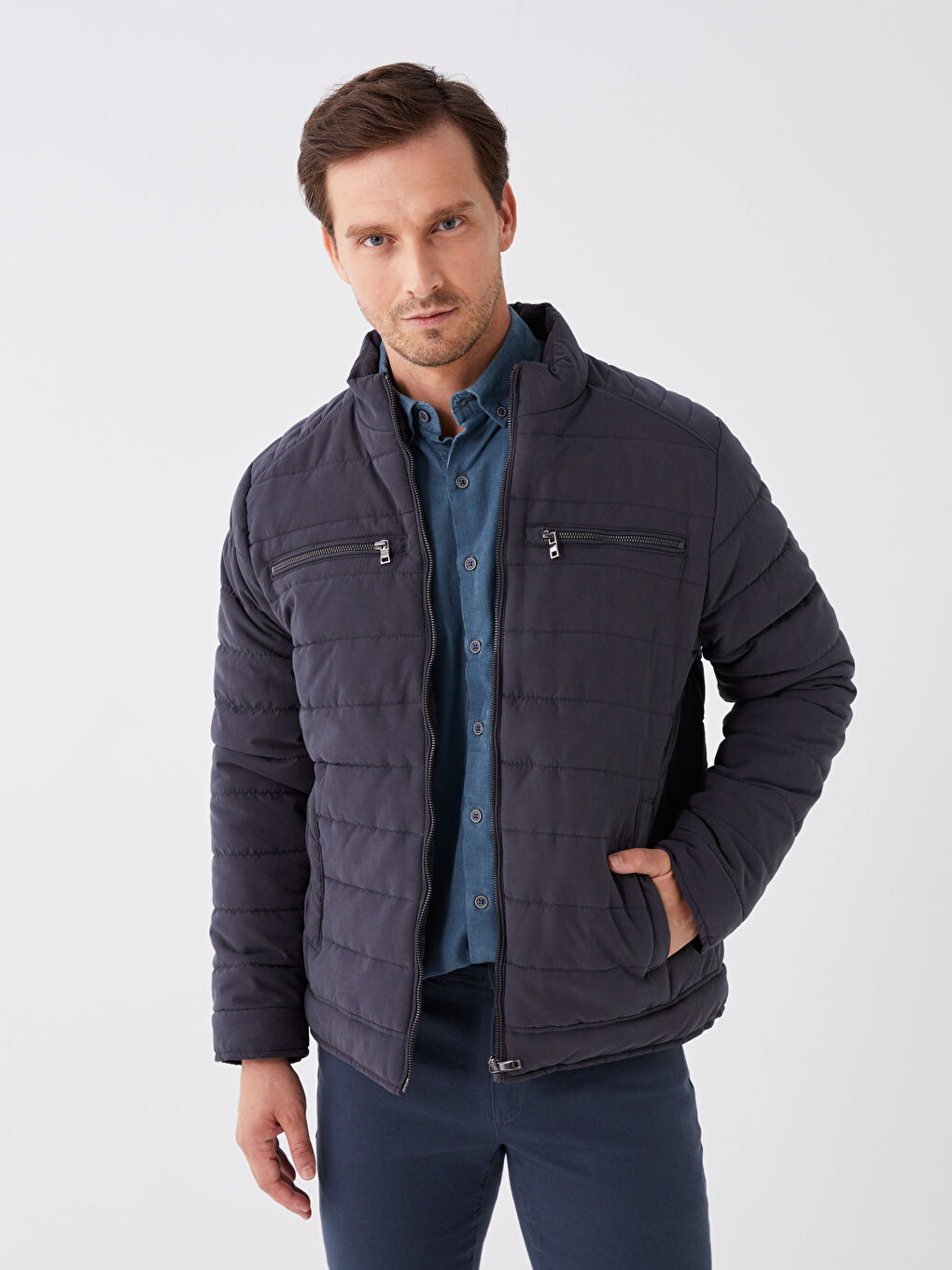 Antrasit Standart Kalıp Dik Yaka Erkek Şişme Mont-1