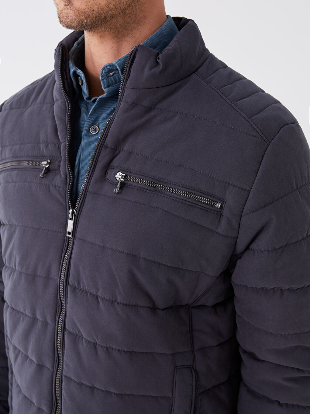 Antrasit Standart Kalıp Dik Yaka Erkek Şişme Mont-3