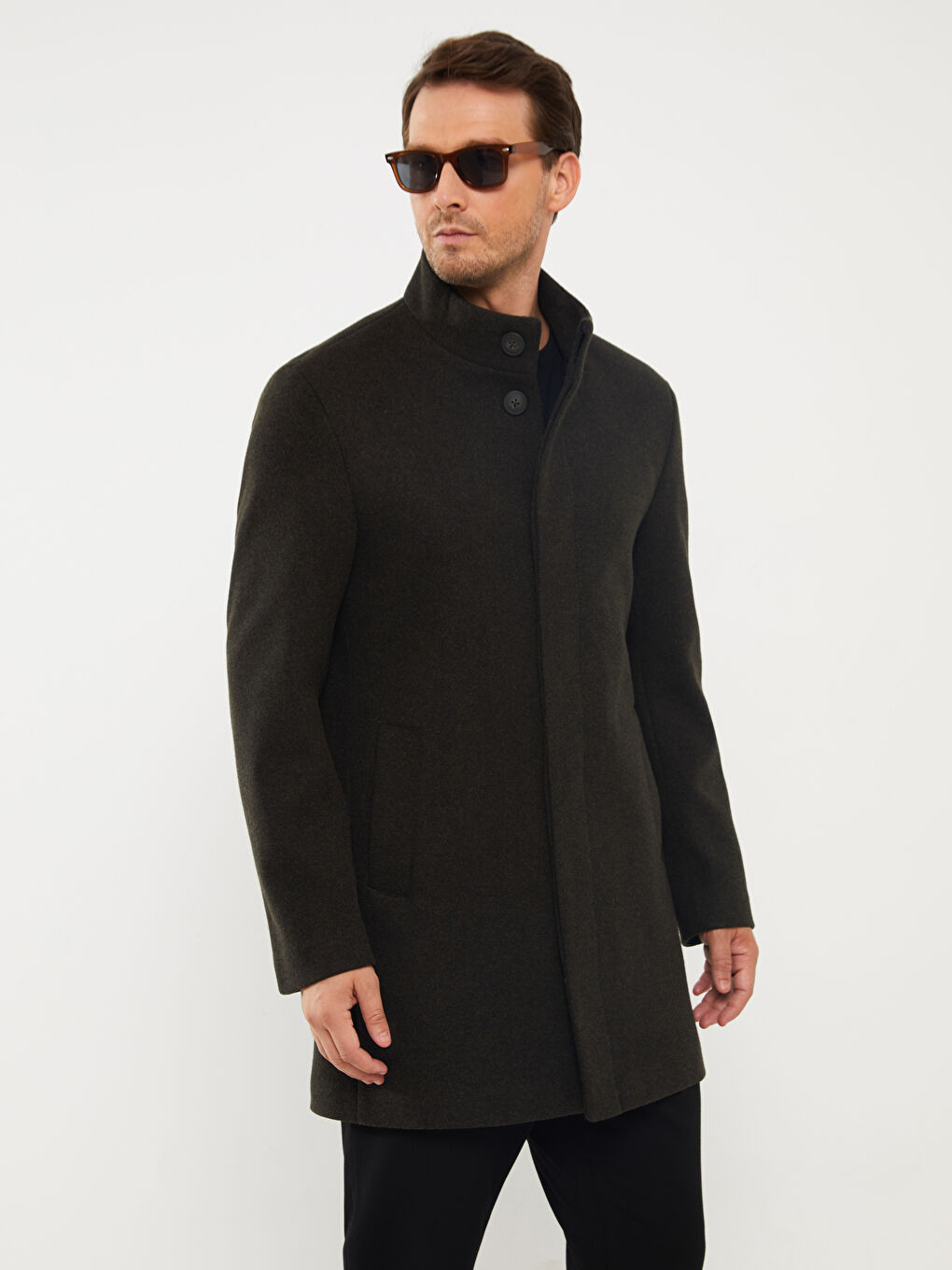 Haki Slim Fit Dik Yaka Erkek Kaşe Kaban