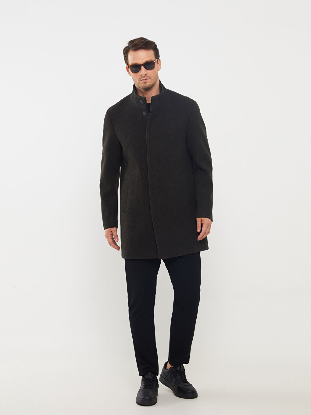 Haki Slim Fit Dik Yaka Erkek Kaşe Kaban-1