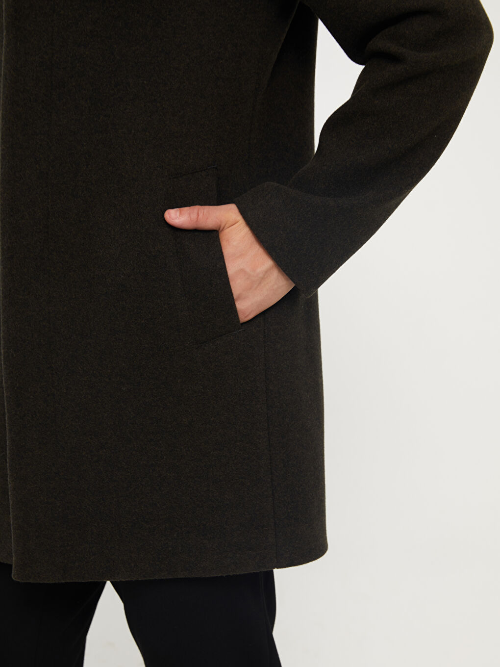 Haki Slim Fit Dik Yaka Erkek Kaşe Kaban-2