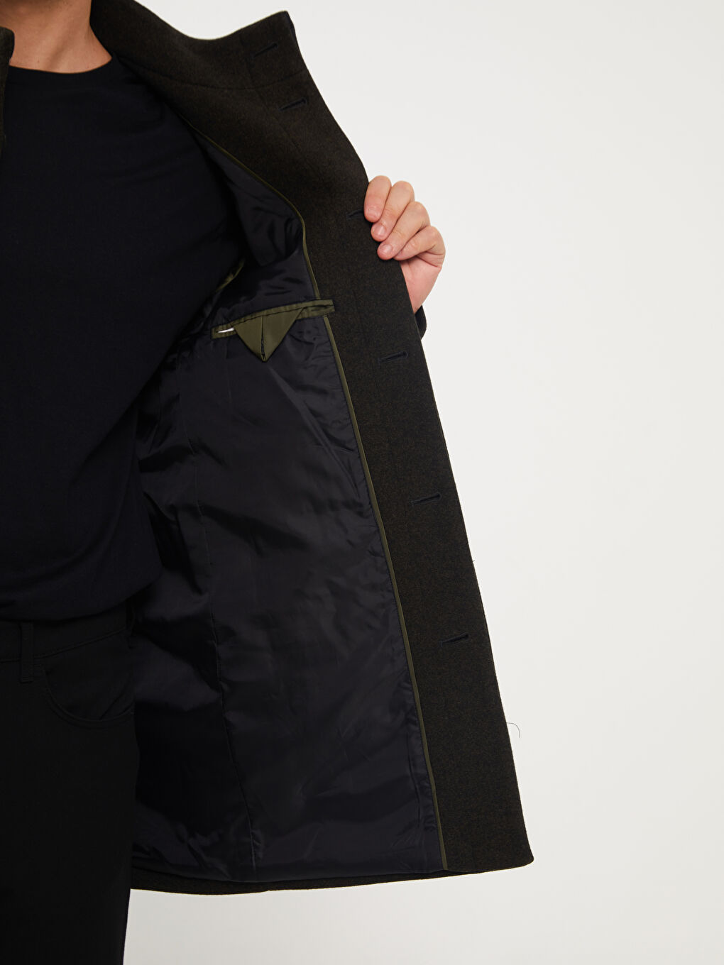 Haki Slim Fit Dik Yaka Erkek Kaşe Kaban-3