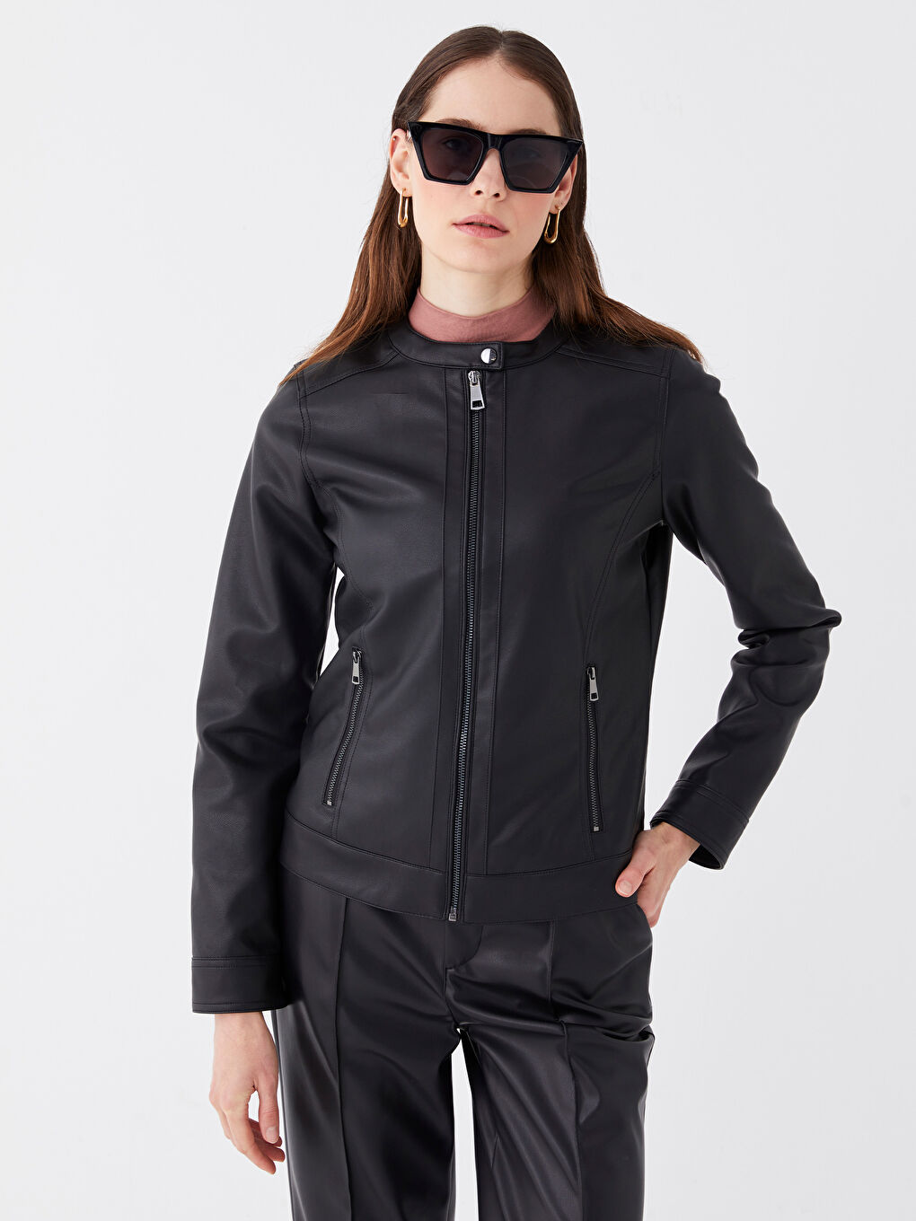 Crew Neck Women's Faux Leather Jacket