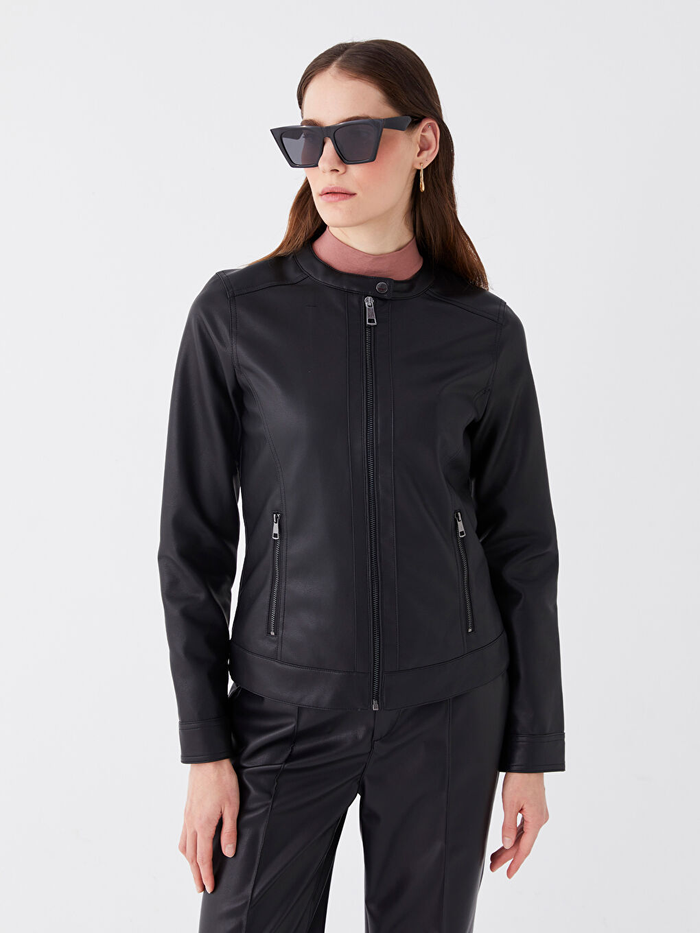 Crew Neck Women's Faux Leather Jacket-1