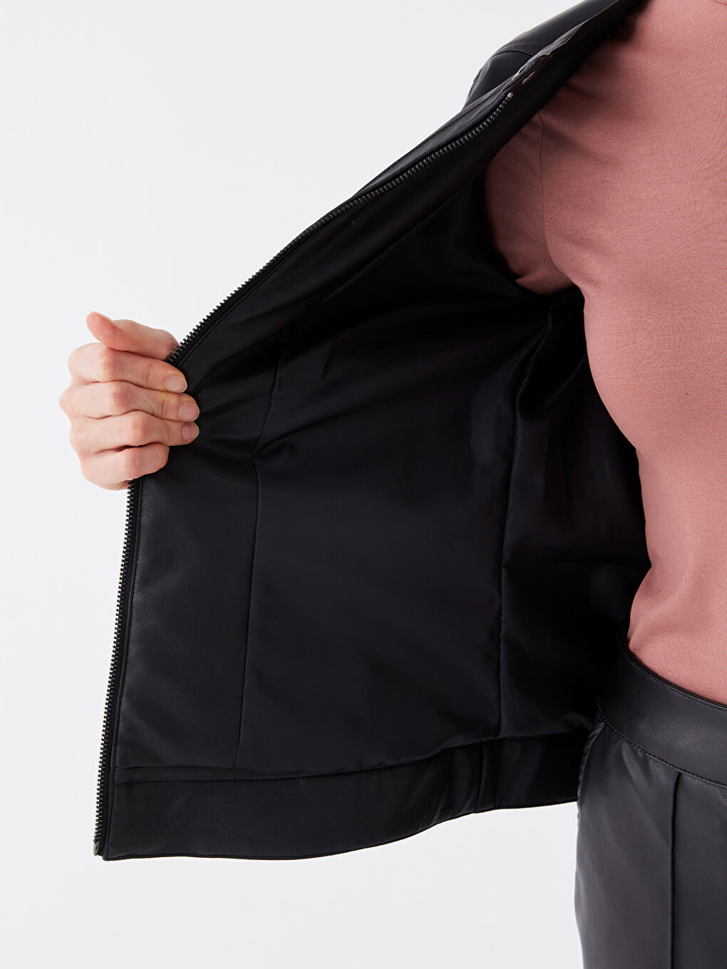 Crew Neck Women's Faux Leather Jacket-3