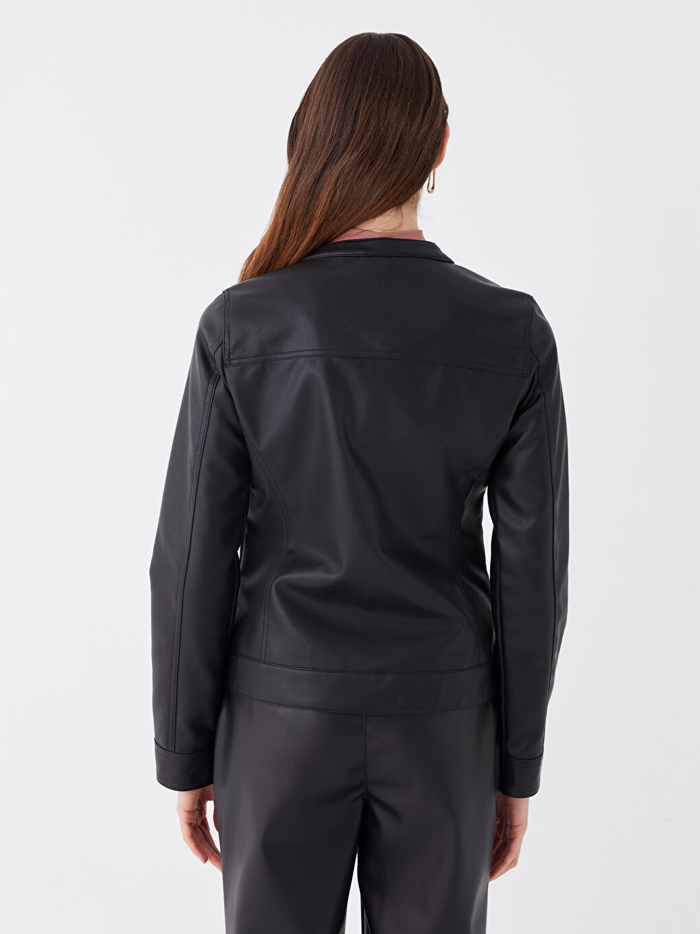 Crew Neck Women's Faux Leather Jacket-5