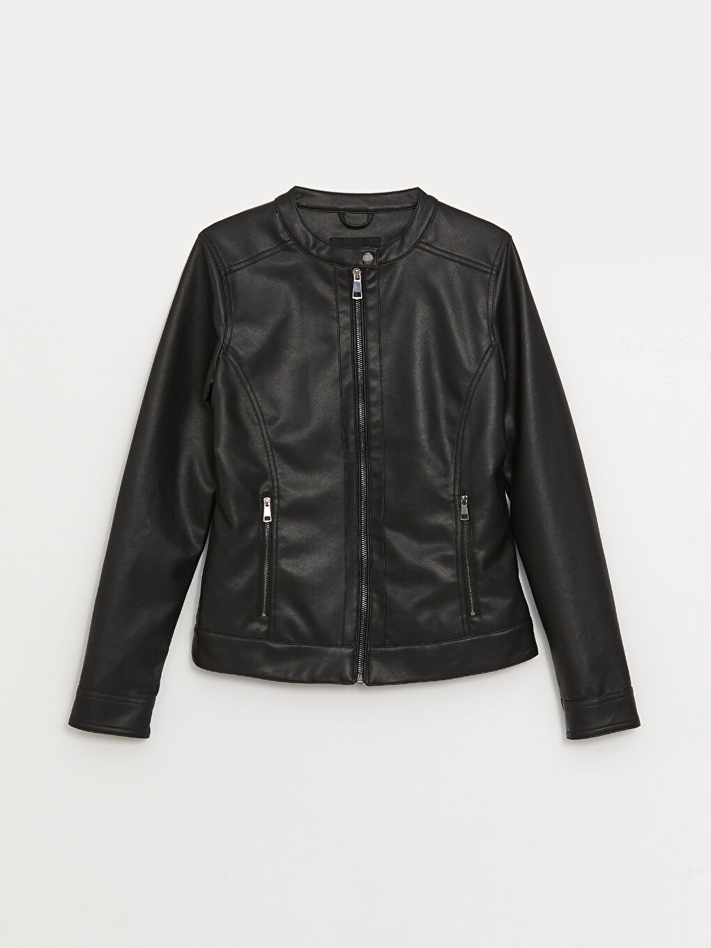Crew Neck Women's Faux Leather Jacket-6