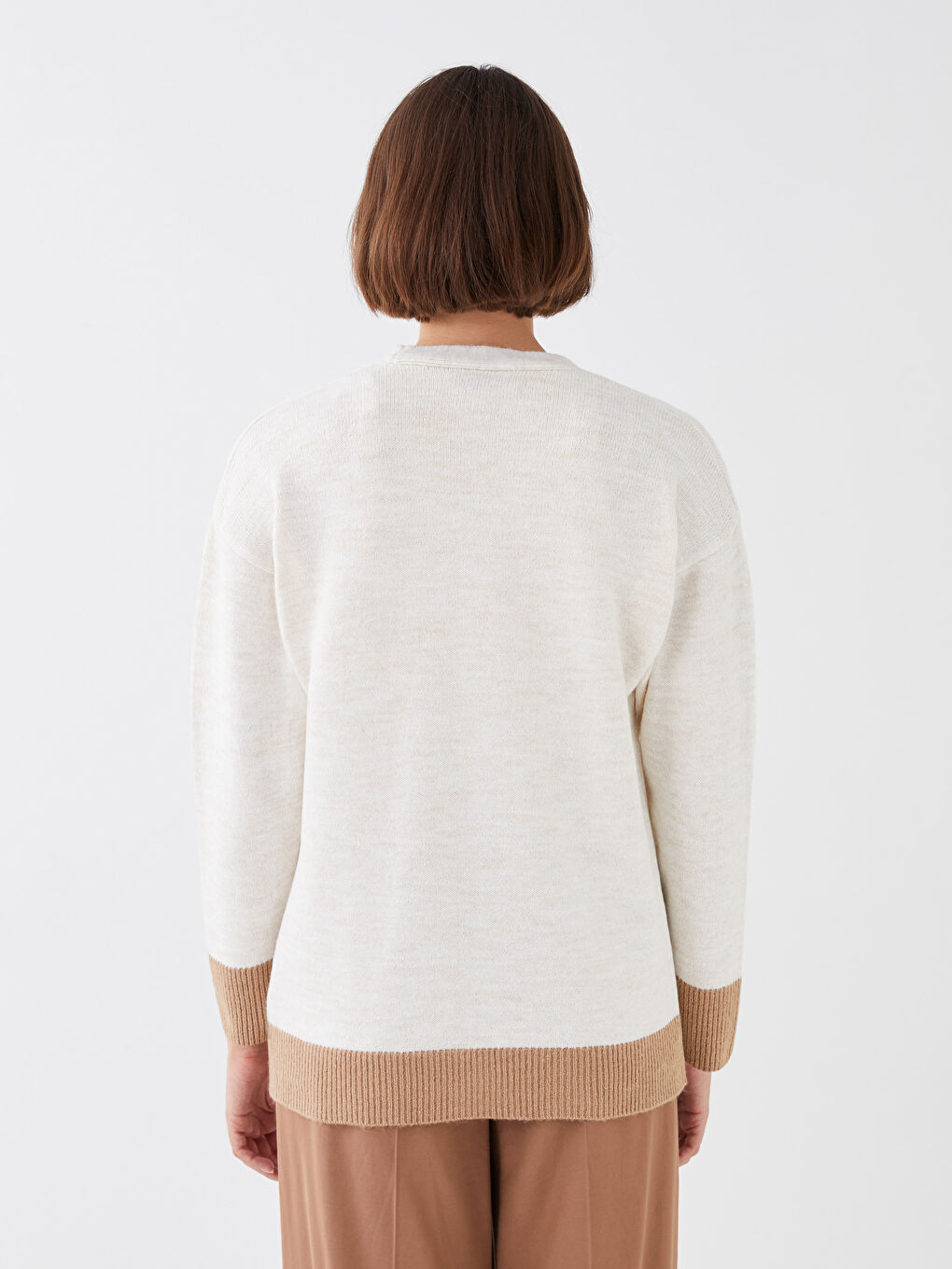 Ekru V Yaka Renk Bloklu Uzun Kollu Kadın Triko Hırka-4