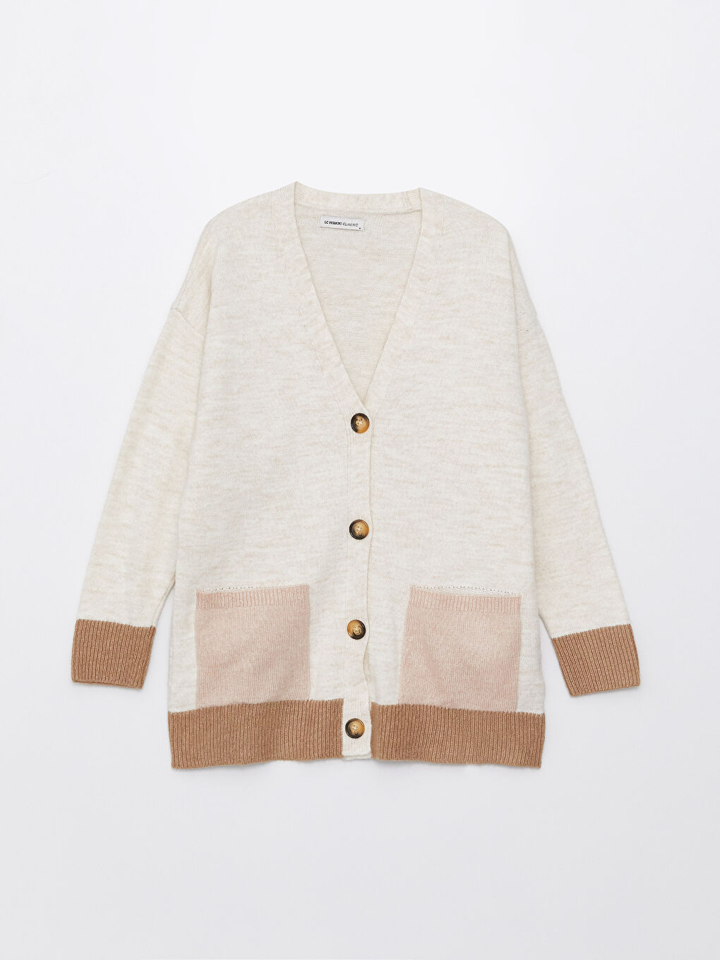 Ekru V Yaka Renk Bloklu Uzun Kollu Kadın Triko Hırka-5