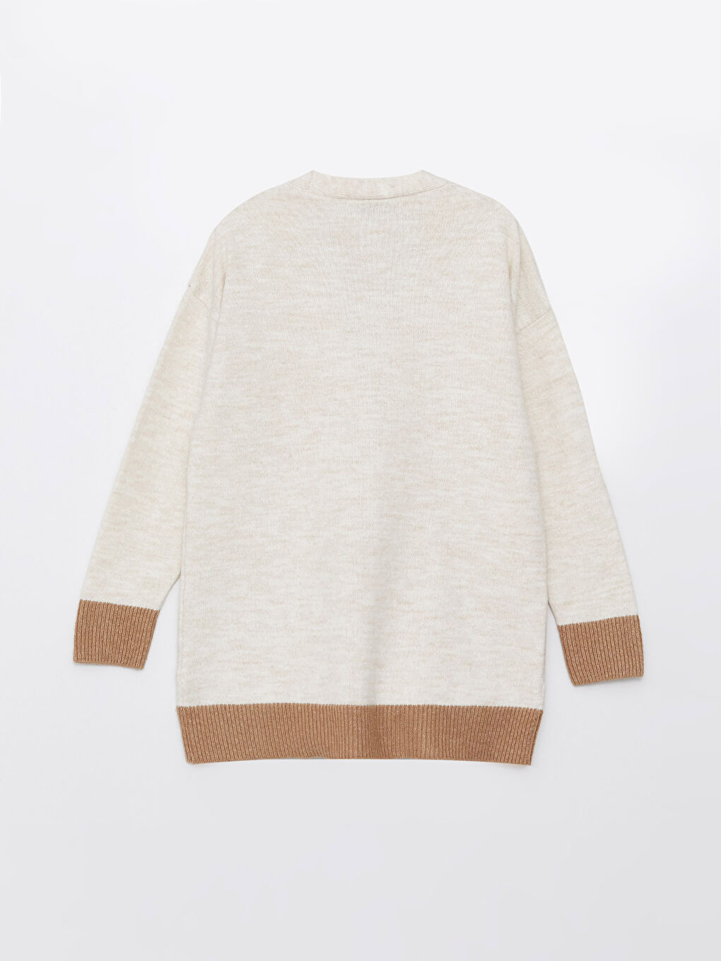 Ekru V Yaka Renk Bloklu Uzun Kollu Kadın Triko Hırka-6