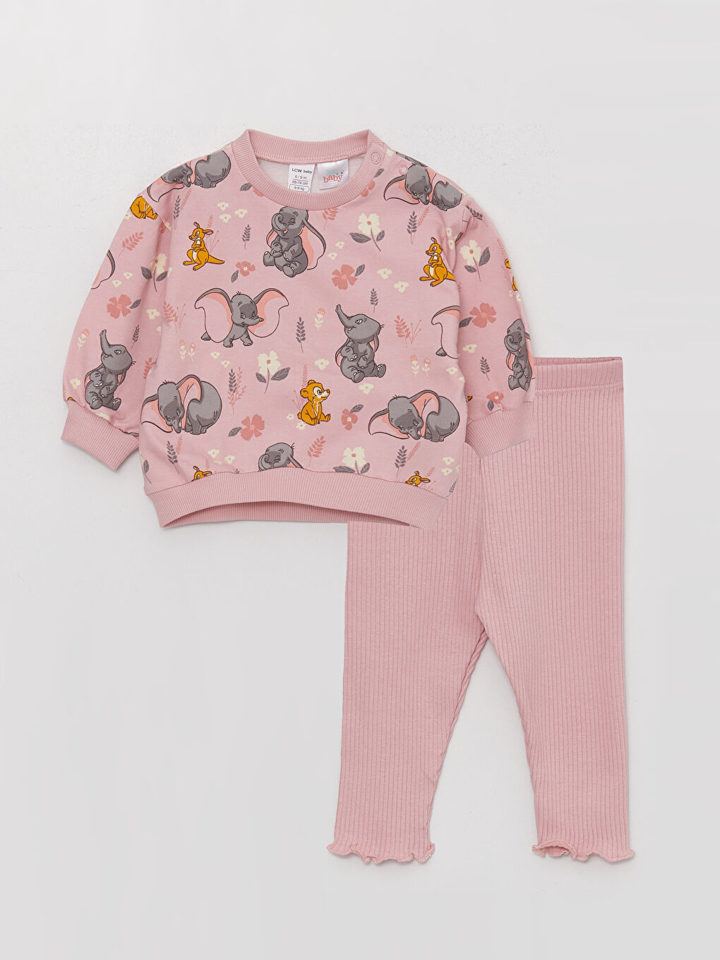 LCW baby Pembe Bisiklet Yaka Uzun Kollu Dumbo Baskılı Kız Bebek Sweatshirt ve Tayt 2'li Takım