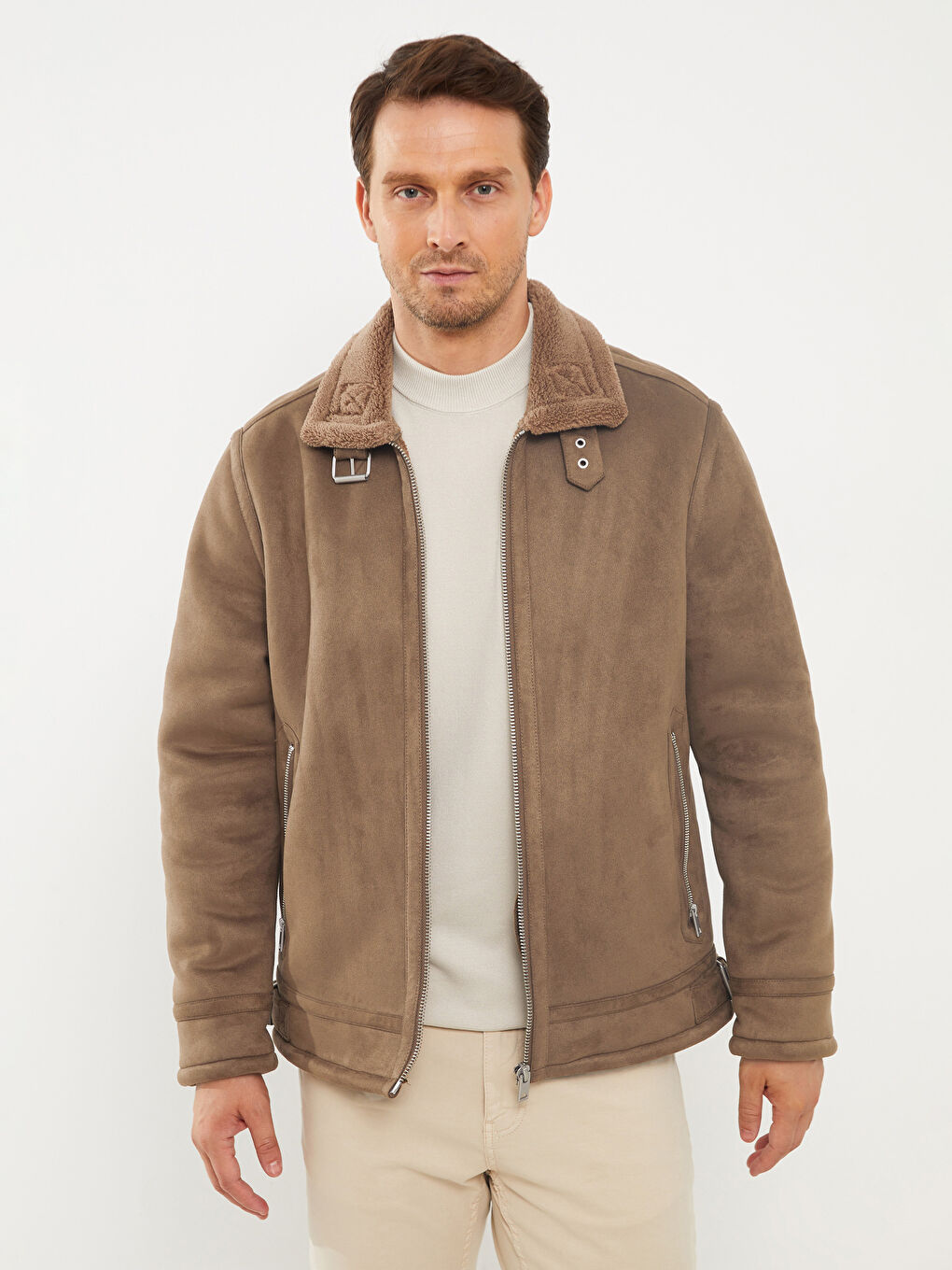 Schmal Geschnittener Wildleder Mantel für Herren mit Kragen-3