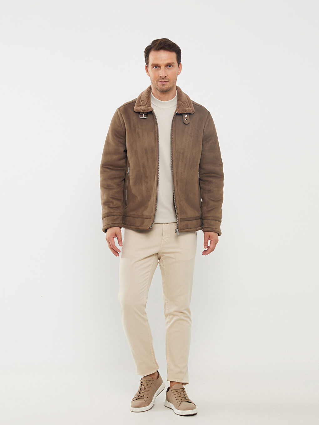 Schmal Geschnittener Wildleder Mantel für Herren mit Kragen-4