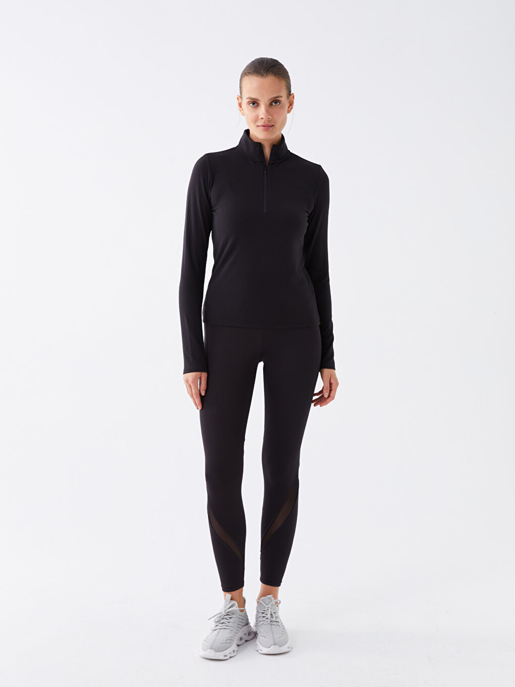 Dik Yaka Düz Uzun Kollu Kadın Spor Tişört-2