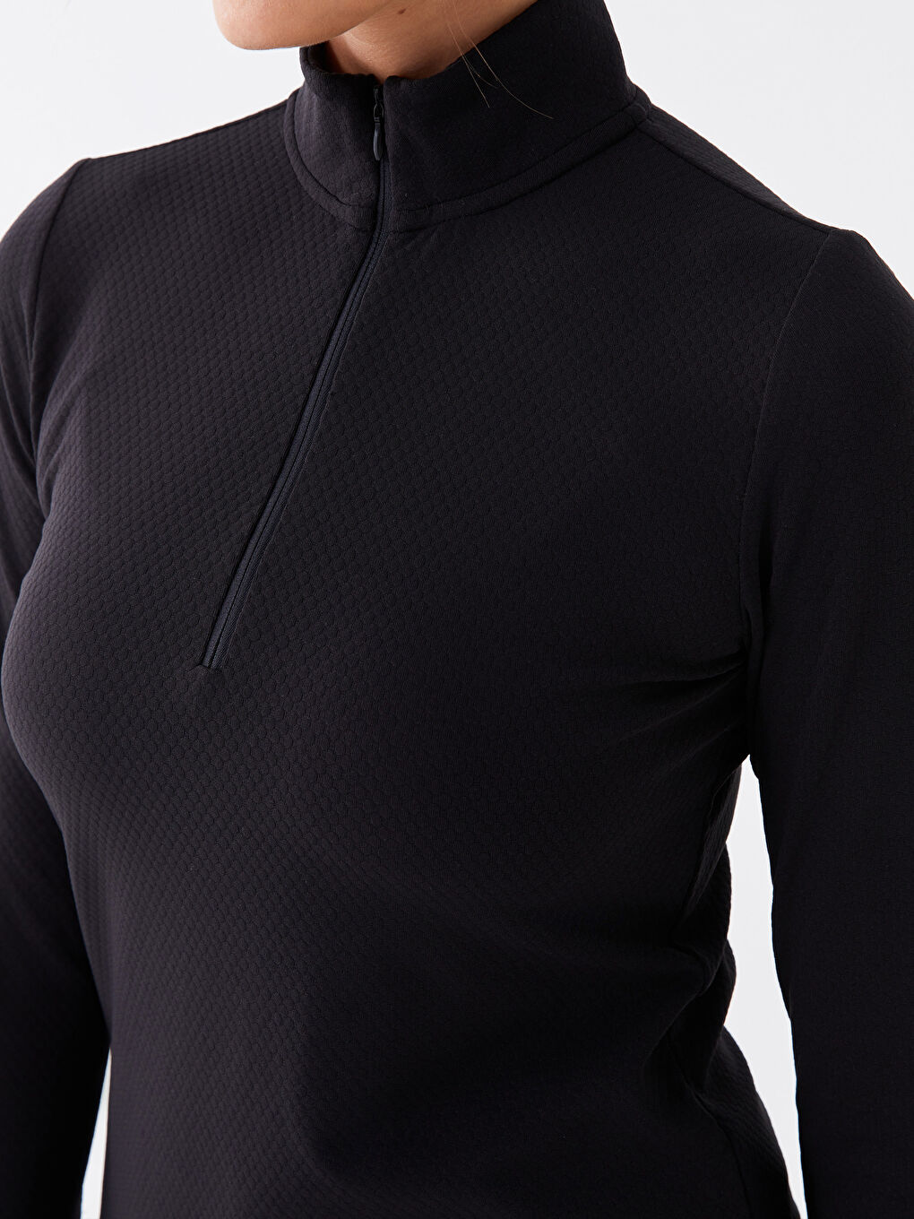 Dik Yaka Düz Uzun Kollu Kadın Spor Tişört-3