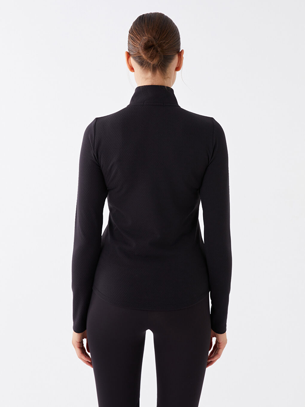 Dik Yaka Düz Uzun Kollu Kadın Spor Tişört-4