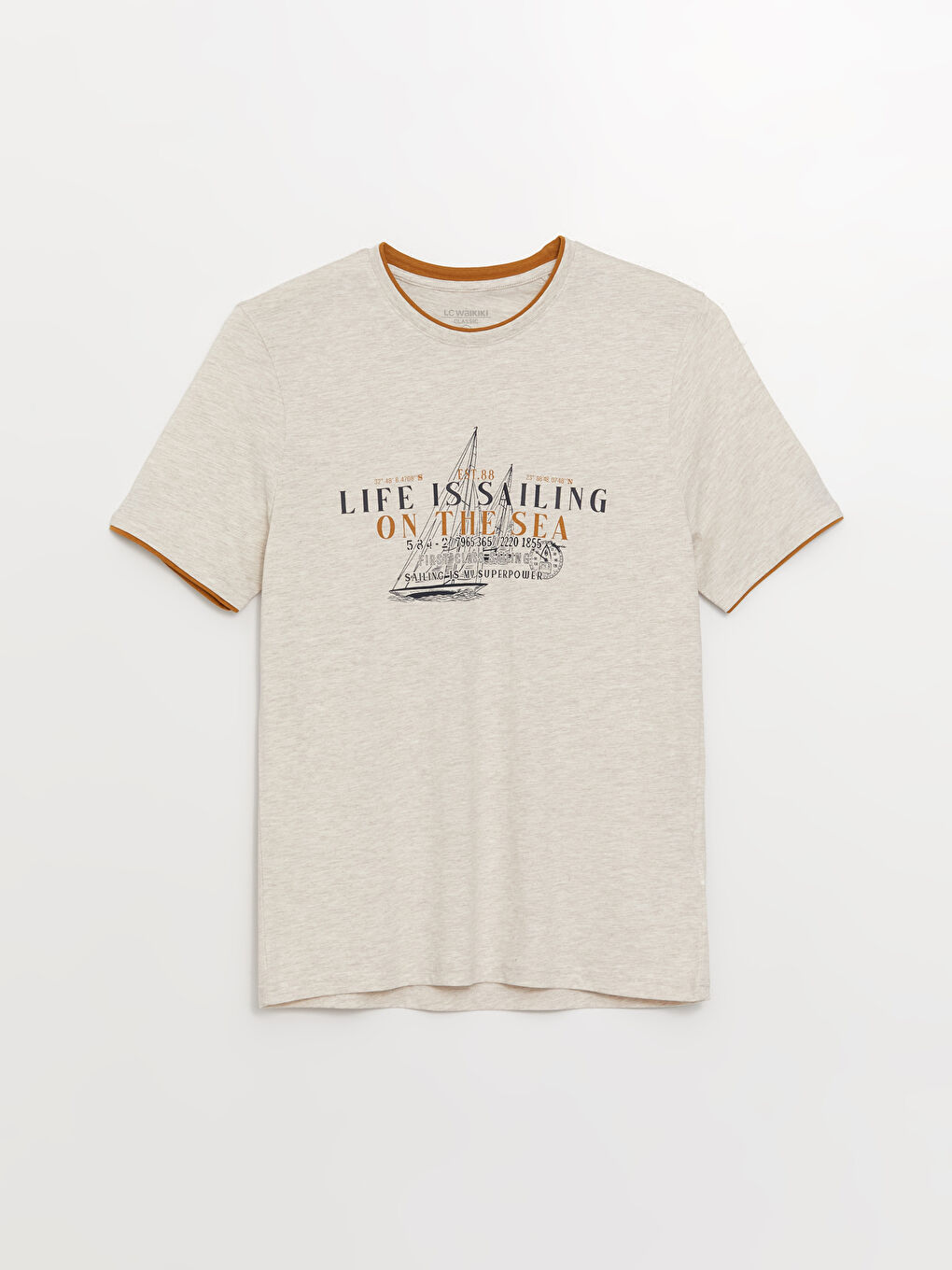 Bej Bisiklet Yaka Kısa Kollu Baskılı Penye Erkek Tişört-5